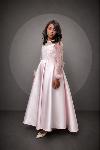 JO FASHION Light Pink Satin Flower Girl Dress with Embroidered Tulle Sleeves ...