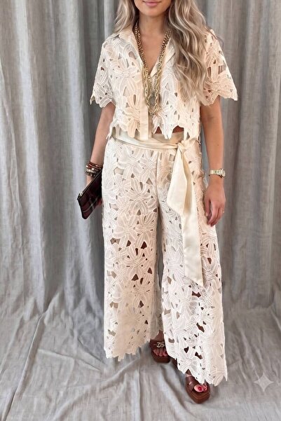 Suziş Gupture Short Sleeve Shirt and Half-Lined Pants Set Rob40086