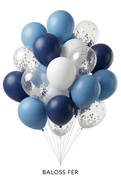 baloss fer Denizci Doğum Günü Balon Seti 20'li Mavi Lacivert Beyaz Gümüş Konf...