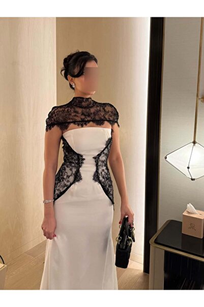 ayean Elegant Long White Dress, Embellished with High-Quality Black Lace.