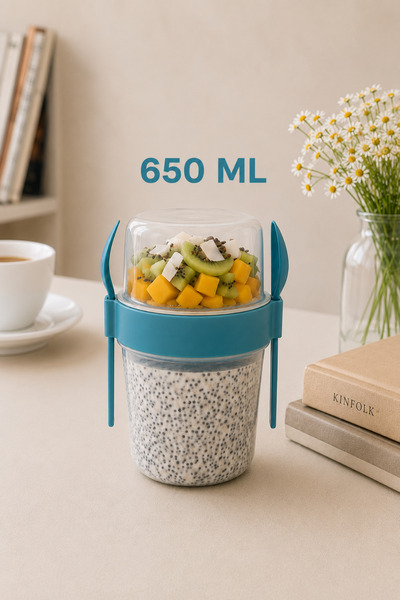Sariva Home 650 ML Yoğurt ve Granola Kabı, Çift Bölmeli Müsli Kabı, Kaşıklı Ç...
