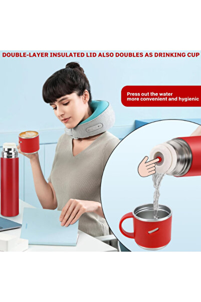 OEM Set termos din otel inoxidabil de 500 ml - Sticla termica izolata cu 3 cani - Termos etans de calatorie pentru bauturi calde si reci, durabilitate 12h, 500 ml + 3 cesti x 150ml ROSU