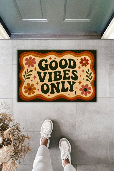 Rugmood Good Vibes Only Retro Floral Pattern Digital Print Door Mat 70X45 cm
