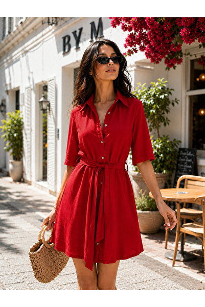 DEEP FAIR Women's Shirt Collar Belted Mini Dress Cm26El00173