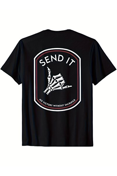 12 HERTZ تي شيرت رجالي من القطن الأسود بتصميم هيكل عظمي يحمل عبارة SEND IT، و...
