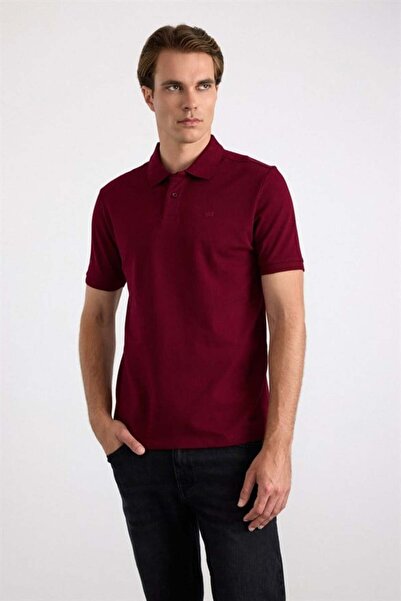 SÜVARİ Koyu Bordo Regular Düz Nakışlı Pike Düğmeli Polo Yaka Tişört