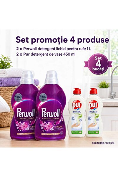 Perwoll Set promoție 4 produse – 2 x Color Detergent Blossom 1 L + 2 x Pur Ba...