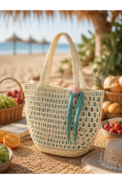 Enie Women's Ecru Straw Stone Handmade Beach Bag-Lined
