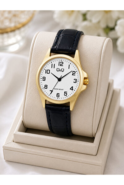 Q&Q Women's Wristwatch Gold Color Case Black Leather Strap Casual and Stylish...