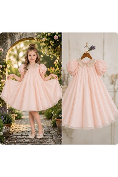 NO BRAND Girl's Dress with Ruffles and Puff Sleeves - Luxurious Pink Tulle