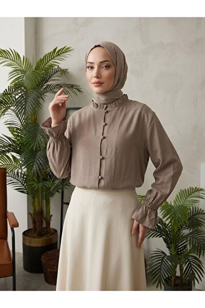 Foremia Sleeve Tunnel Collar Ruffle Tunic-Smoke