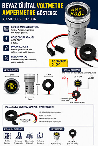 TIANYI DİJİTAL VOLTMETRE AMPERMETRE AC50-500V 0-100A - BEYAZ