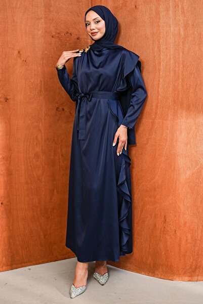 İmajButik فستان سهرة من الساتان باللون الأزرق الداكن مع تفاصيل على الكتف