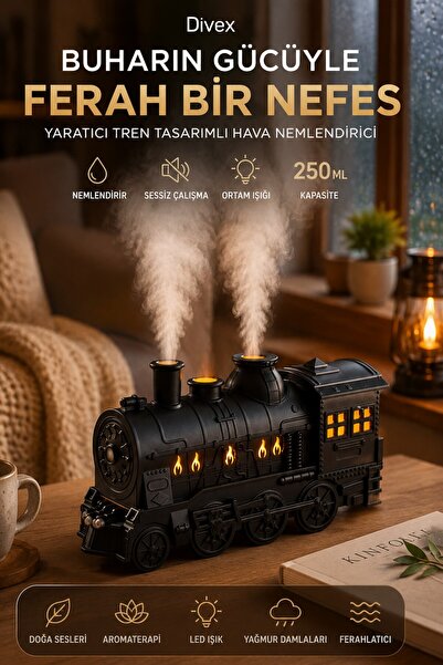 Divex Buharlı Tren Tasarımlı Hava Nemlendirici 250 ML LED Işıklı Aromaterapi ...