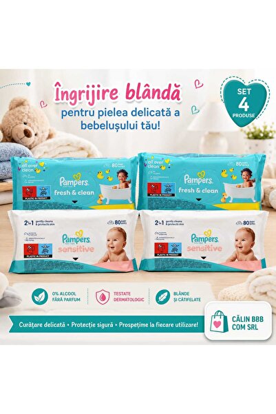 Pampers Set 4 x Șervețele Umede Bebeluși – 2 x Fresh & Clean + 2 x Sensitive,...