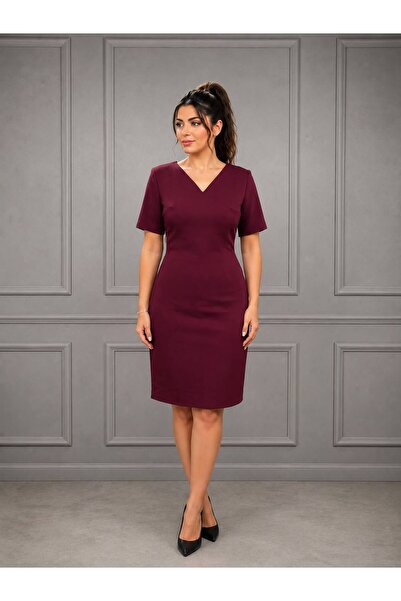 NOVERA DRESS Novera Bordo Krep Kumaş Astarlı Kısa Elbise 110 cm – Günlük ve D...