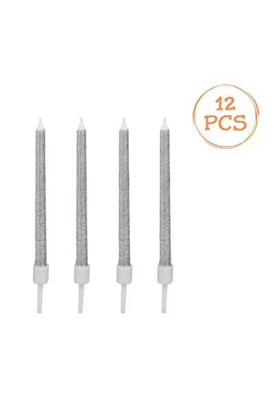Baloane Vesele Set 12 Lumanari Aniversare Zi De Nastere Silver Cu Glitter LMR36