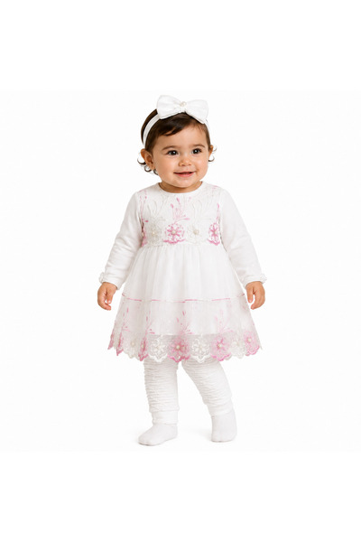 Generic Girls' Floral Embroidered Long Sleeve Dress & Pants & Headband Set | ...