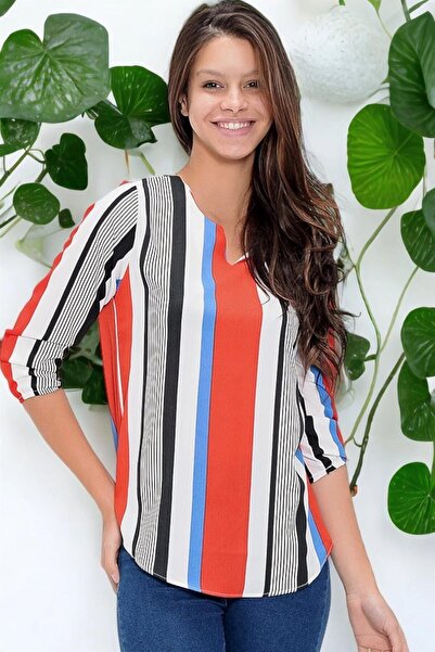 Moda4x4 ملابس نسائية بلوزة حمراء من الكريب بفتحة عند الرقبة وأكمام ثلاثية الأ...