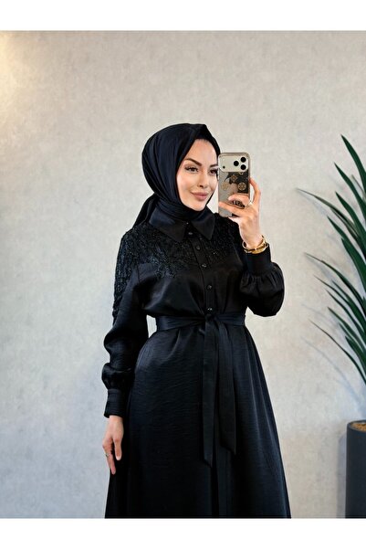 ORHAN STORE 08-1845 فستان بأزرار على الكتفين وتفاصيل لامعة باللون الأسود