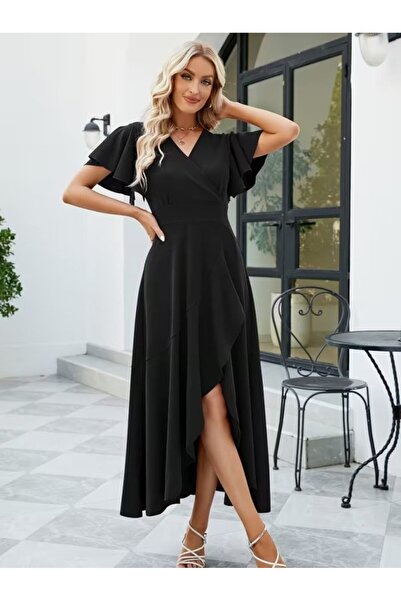 Livizmir Moda فستان نسائي بأكمام قصيرة بأزرار على الجهتين وياقة أمامية غير مت...