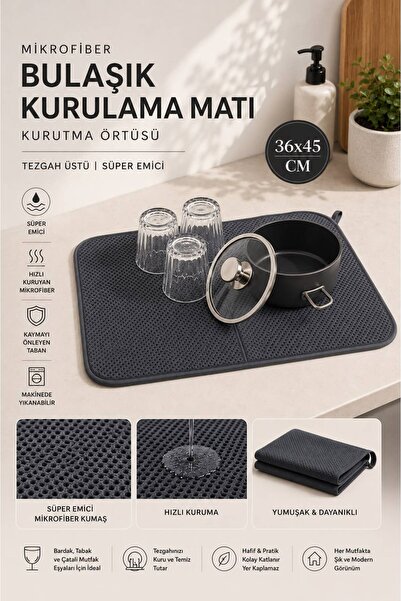 HAZARPAZAR Gri Renk Mikrofiber Bulaşık Kurulama Matı Kurutma Örtüsü Tezgah Üs...