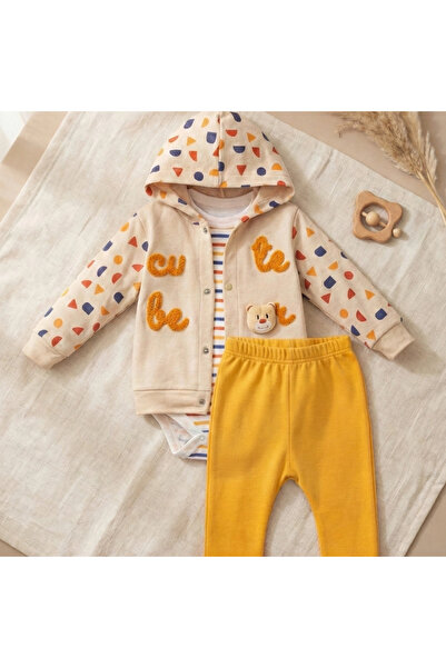 AGUCUK Cute Bear Embroidered 3-Piece 100% Cotton Baby Boy Set