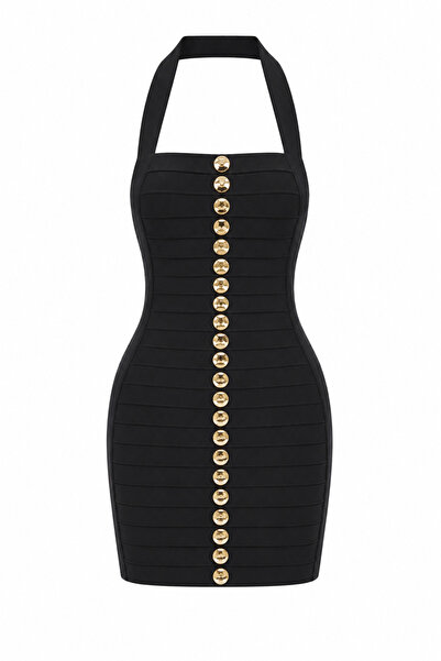 HAZELANNA Black Atlas Dress with Gold Buttons and Neckline Detail