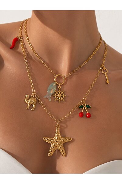 KAYANCLICK Stainless Steel Layered Necklace with Starfish and Cherry Pendant