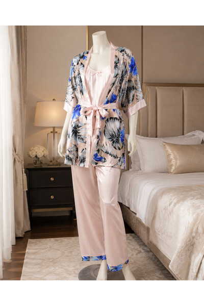 GENERINK طقم بيجامة ساتان 4 قطع من Night Rose مع روب مطبوع، قميص بحمالات، شور...