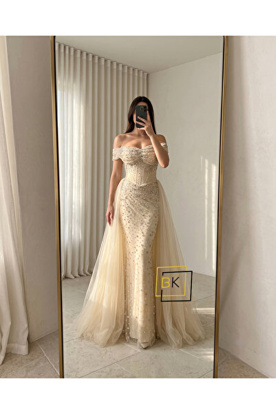 Generic Full Beading Evening Dress with Off-The-Shoulder Sleeves and Extra Skirt