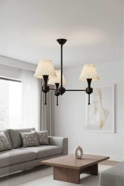 BSA LIGHTING DİLA 3'LÜ SİYAH MODERN AVİZE ( PİLİSELİ KONİK KREM ABAJURLU)