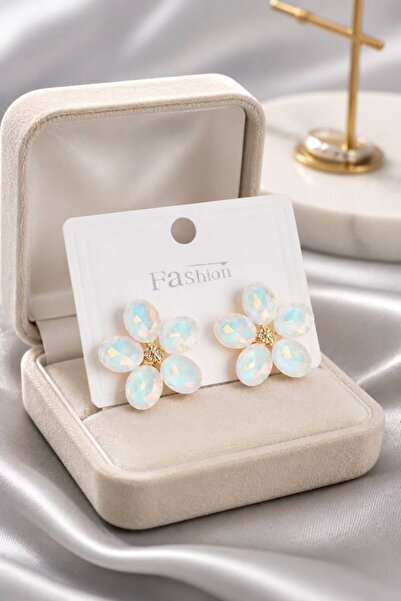 LYKOS White Color Oval Cut Opal Effect Flower Earrings - Sparkling Romantic D...