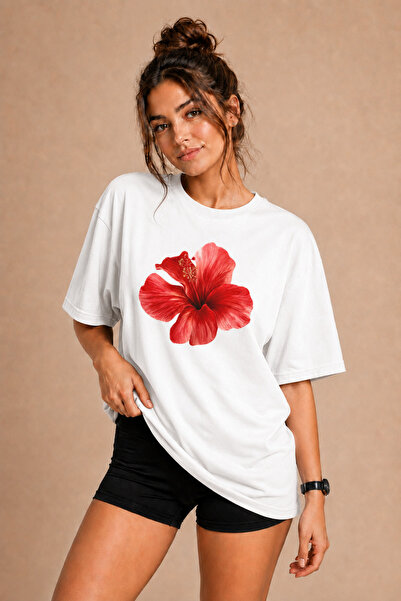 FECCY Premium Hibiscus Unisex Oversize Γυναικείο T-Shirt Ανδρικό T-Shirt Βαμβ...