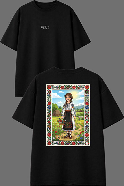 VSRN Romania Culture Design Back Printed Black Oversize T-Shirt