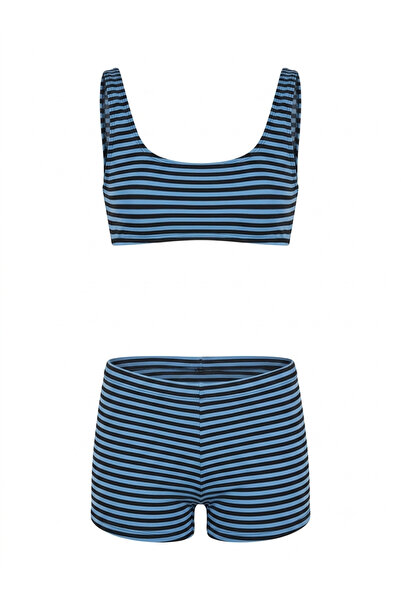 AQUELLA Blue Black Stripe Bustier Shorts Set