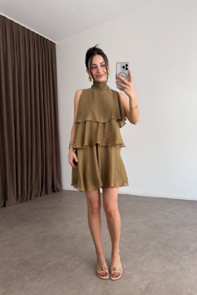 Miss Beyoğlu Women's Layered Tie-Detail Mini Dress Olive