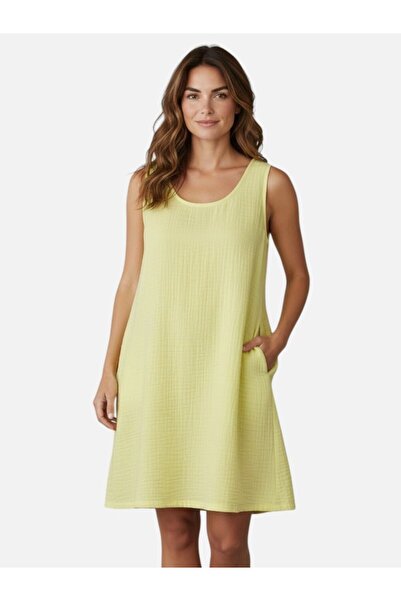 MODA Women's Muslin Linen Sleeveless Above-Knee Dress with Side Pockets Comfo...