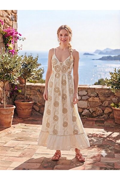 AYASOFYA OTANTIK Women's Indian Embroidered Lined Long Strap Dress
