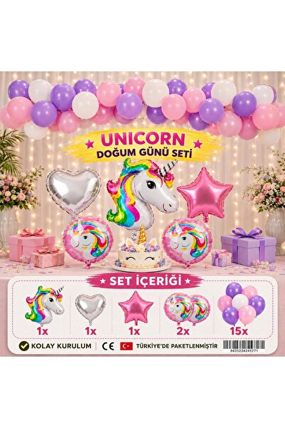 L'Opaline 100 CM Unicorn Figürlü - Doğum Günü Konsepti Parti Süsleme Seti -Ha...