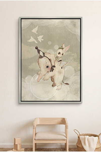 Jasmine Art Whimsical Elephant and Bunny Kids Wall Art | Portrait Framed Canv...