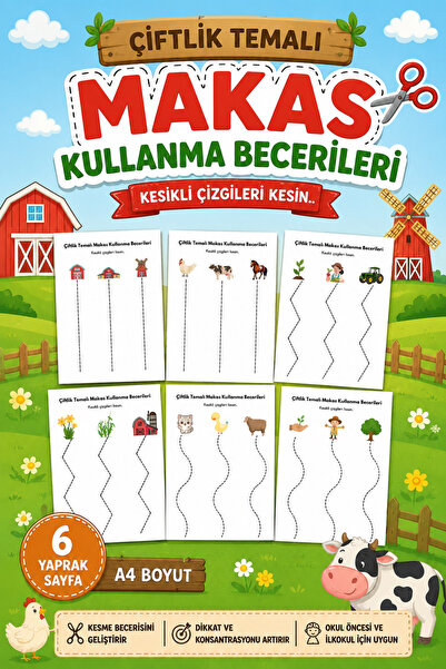 Organik Yolda Farm Themed Scissors Skills Practice 6 Pages A4 |   Preschool C...