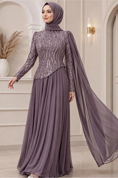 TRENDTESETTÜR KADIN MOR (VİOLET) PELERİNLİ ABİYE ELBİSE T 0763
