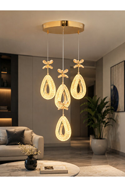 Çadırcı Aydınlatma Damla Model 4'lü Gold 3 Renk 4'lü Modu Ledli Kristal Taşlı...
