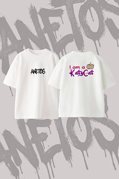 Anetos Katycat Pusheen Design Back Printed Cotton White Oversize T-Shirt