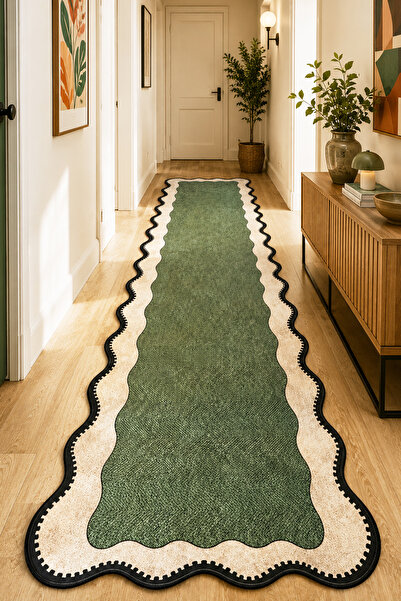 Chilai Home NEHO Shape Green Makinede Yıkanabilir Kaymaz Taban Leke Tutmaz Dijital Salon Halısı Mutfak Halısı ve Yolluk