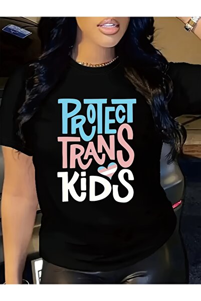 Astogria13 تي شيرت نسائي بطباعة "Protect Trans" - تي شيرت أسود برقبة دائرية م...