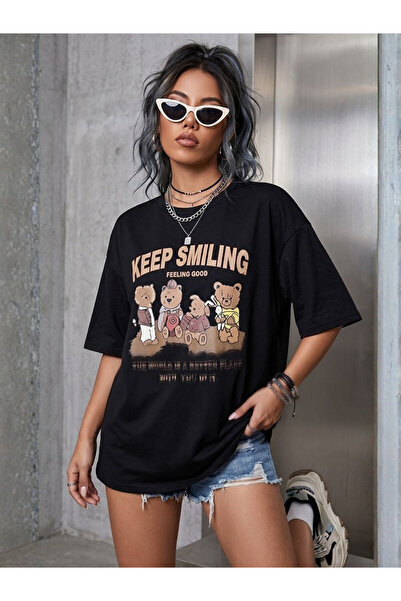 Flubutik تي شيرت نسائي بطبعة Keep Smiling مصنوع من القطن العضوي بنسبة 100%، ذ...