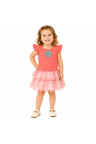 Genericc Girls' Set Ruffled Sleeve Crumpled Top and Floral Tulle Skirt