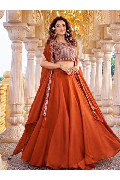 MYSMAR Orange Rangoli Silk Choli Lehenga & Dupatta - FFT7440 | Orange-Size:(S...